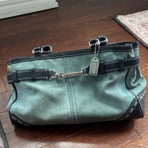 Coach light blue Suede Shoulder Bag with dark blue Trim and Silver Hardware